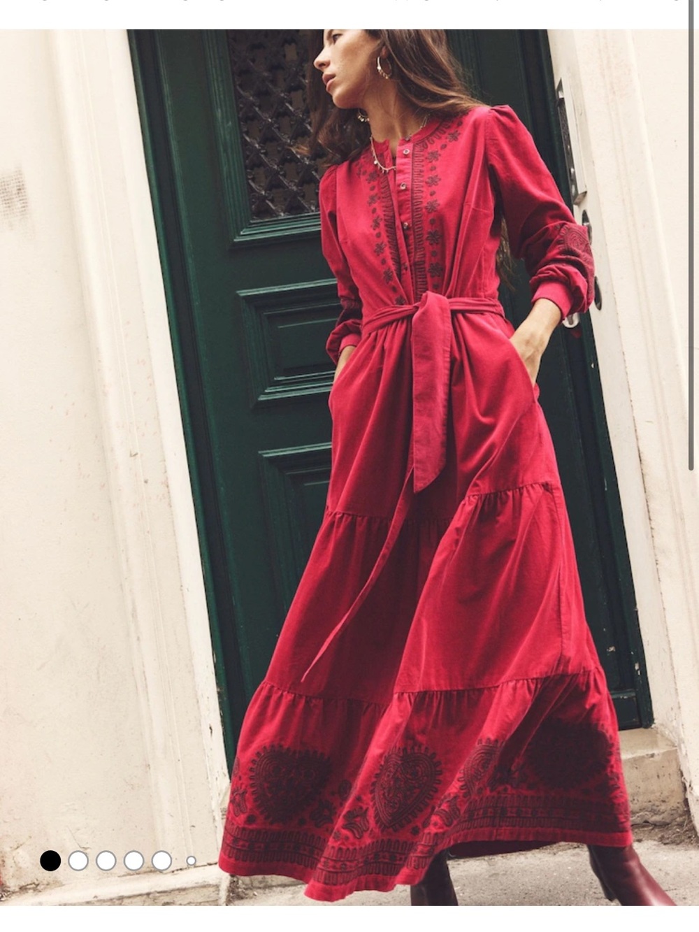 Boden Red Embroidered Tiered Long Sleeeve Corduroy Maxi Dress
